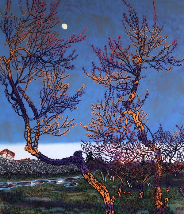 Two blossoming plum trees extend upward towards an evening sky