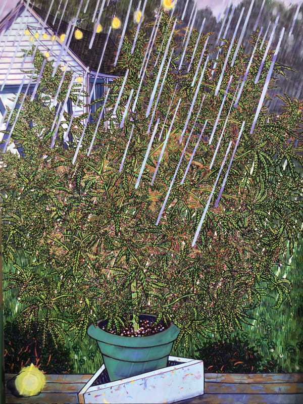 In progress painting of a lush weed plant on a windowsill with large raindrops
