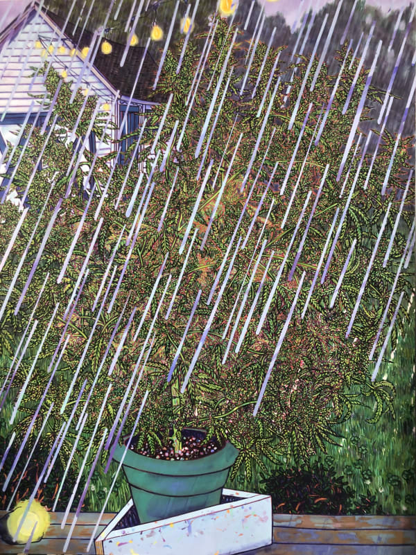In progress painting of a lush weed plant on a windowsill with large raindrops