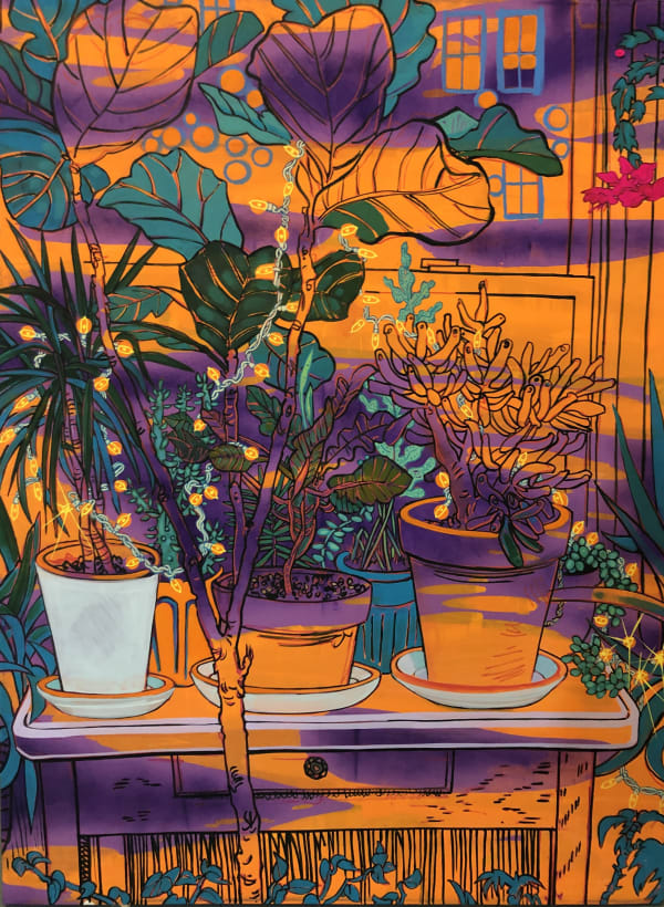 In progress painting of plants in front of a window