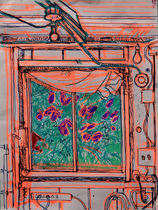 In progress painting of purple lilacs on the other side of a shed window