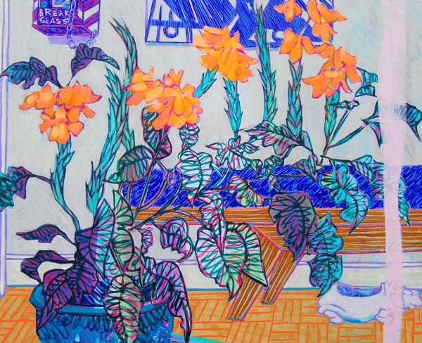 Bright orange and blue painting of flowers in a vase