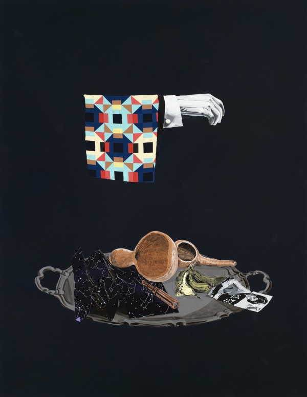 A hand with a quilt draped over it floats over a tray with a gourd on it depicted on flocked velvet