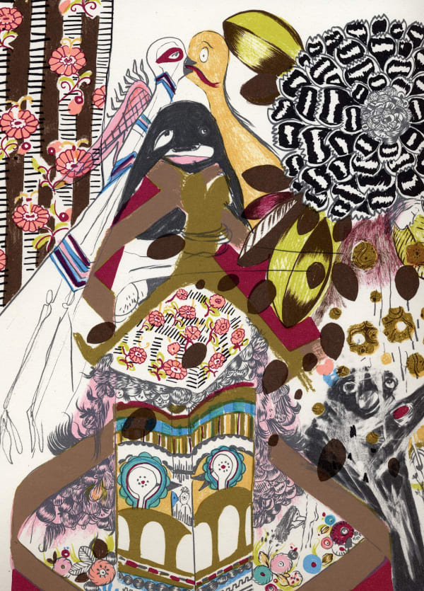 Lithograph of many different patterns and several bird like cartoonish figures