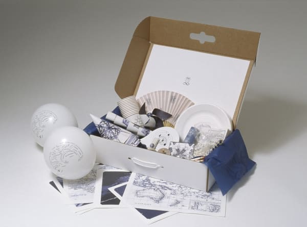 Open cardboard box containing a variety of things necessary for a birthday party, including balloons 