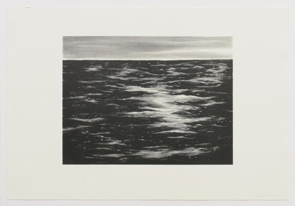 Drawing of shimmering water with a sliver of sky in the background