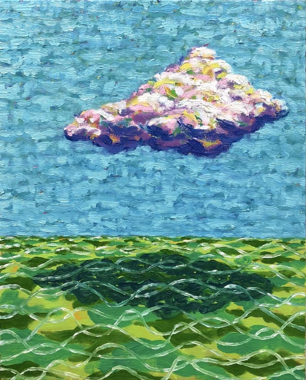 Painting of choppy green water with white cirrus cloud overhead