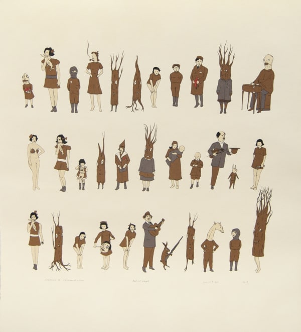 A paper artwork depicting three rows of golden-clad figures heading left 