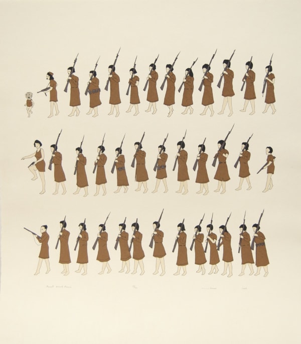 A paper artwork depicting three rows of golden-clad figures heading left 