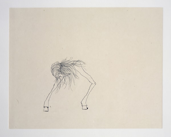 One of several images of a young woman wearing a mask as she slowly turns into a horse
