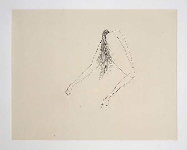One of several images of a young woman wearing a mask as she slowly turns into a horse