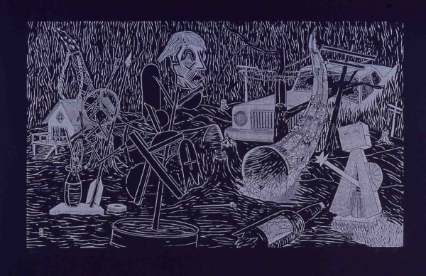 Image of a man, a car, a house, tree stumps, electrical lines and a broken bottle
