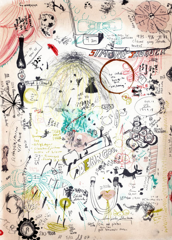 Drawing of a page of illegible doodles including numbers symbols and small birds