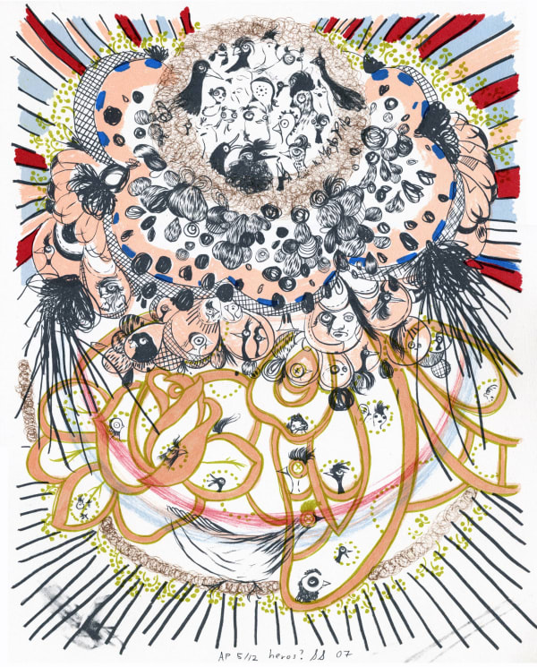 Drawing in marker and graphite of an explosion with a halo of straight lines around it