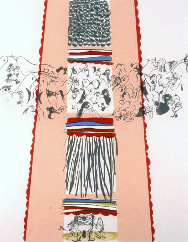 A drawn trapezoid with many figures kissing over a cream background