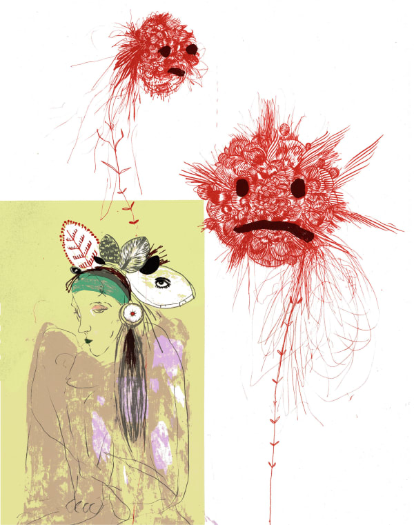 Drawing of a woman with hovering shapes wearing frowning faces
