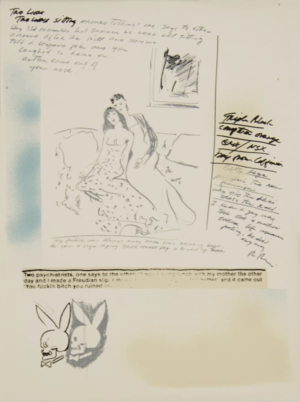 Close up of a page from Richard Prince's project depicting sketches of a playboy bunny skull logo and text 