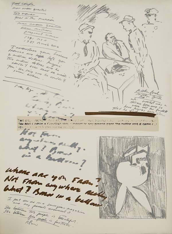 Close up of a page from Richard Prince's project depicting sketches of a playboy bunny skull logo and text 