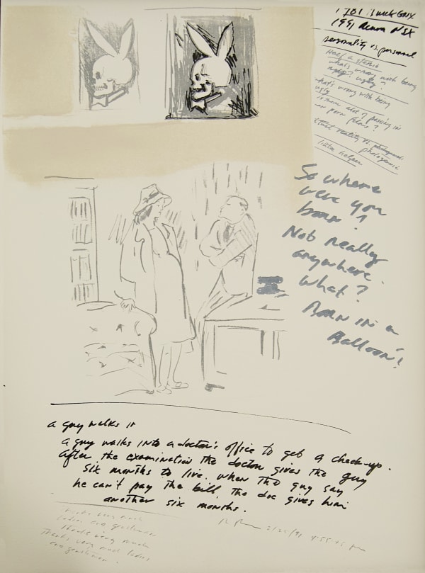 Close up of a page from Richard Prince's project depicting sketches of a playboy bunny skull logo and text 
