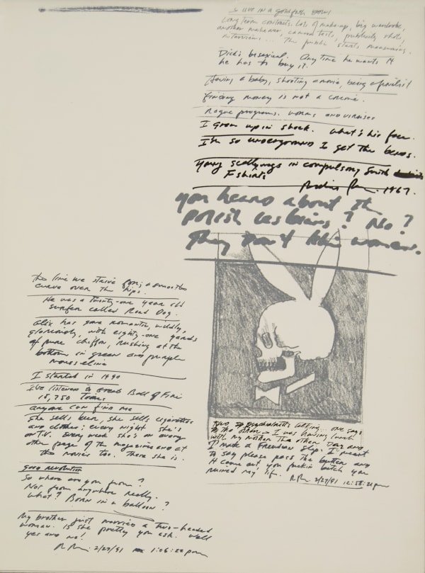 Close up of a page from Richard Prince's project depicting sketches of a playboy bunny skull logo and text 