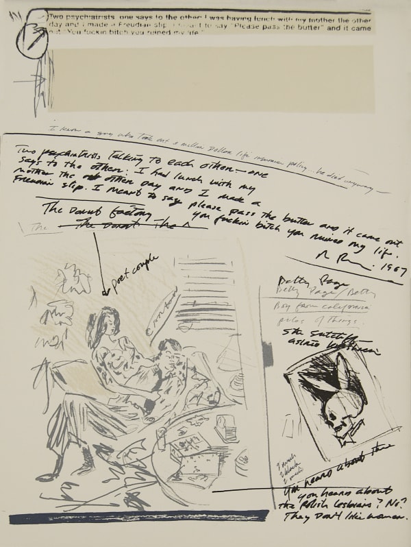 Close up of a page from Richard Prince's project depicting sketches of a playboy bunny skull logo and text 