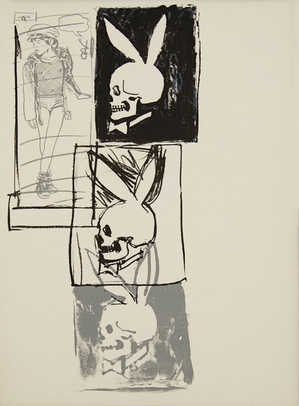 Close up of a page from Richard Prince's project depicting sketches of a playboy bunny skull logo and text 