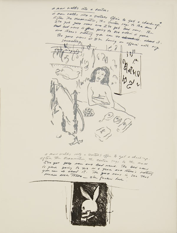 Close up of a page from Richard Prince's project depicting sketches of a playboy bunny skull logo and text 