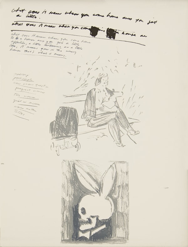 Close up of a page from Richard Prince's project depicting sketches of a playboy bunny skull logo and text 