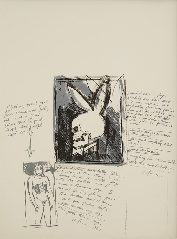 Close up of a page from Richard Prince's project depicting sketches of a playboy bunny skull logo and text 