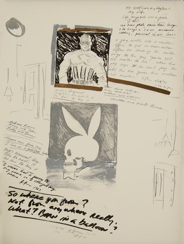 Close up of a page from Richard Prince's project depicting sketches of a playboy bunny skull logo and text 