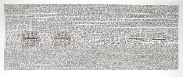 Close up of a page from Rona Poncicks accordian shaped book with many repeating small lines of text