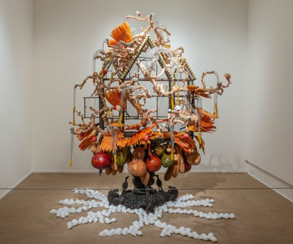 Rina Banerjee, Her captivity was once someone’s treasure and even pleasure but she blew and flew away took root which grew, we knew this was like no other feather, a third kind of bird that perched on vine intertwined was neither native nor her queens daughters…, 2011