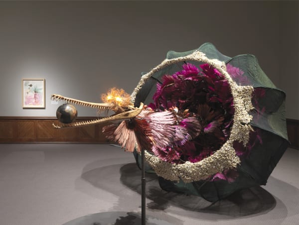 Installation view (left to right): Rina Banerjee, In Full Blooms She Made All the World Sweat with Unnatural Flora, 2006; The world as burnt fruit—When empires feuded for populations and plantations, buried in colonial and ancient currency a Gharial appeared from an inky melon—hot with blossom sprang forth to swallow the world not yet whole as burnt fruit, 2009