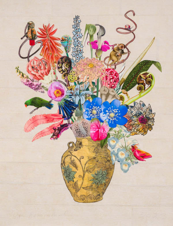 Korean Vase with Basket Stinkhorn, Tarsier and Tree Fern, 2023 Unique botanical collage using linocut, relief printing, digital printing, coloured pencil, Sumi ink, watercolour, gouache, and metal leaf, hand cut and assembled on collaged Nepali papers over cotton rag. Signed in pencil. 127 x 96.5 cm (50 x 38 in)