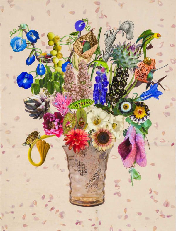 Emile Galle Vase with Aristolochia, Sword-Billed Hummingbird and Monkshood, 2023 Unique botanical collage using digital printing, coloured pencil, Sumi ink, watercolour and gouache, hand cut and assembled on collaged Bhutanese papers with Bougainvillea Flowers over cotton rag. Signed in pencil. 127 x 96.5 cm (50 x 38 in)