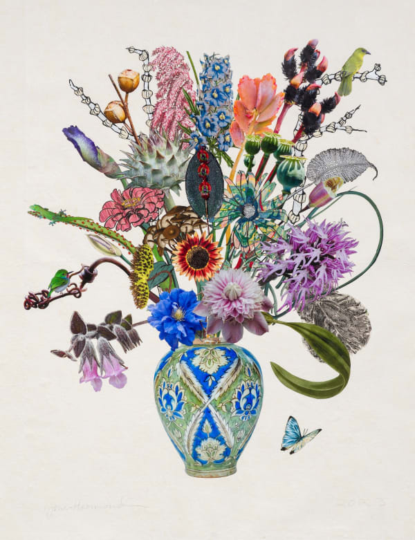 Persian Vase with Black Pussy Willows, Cuban Tody and Naked Man Orchid, 2023 Unique botanical collage using linocut, relief printing, collagraph, digital printing, coloured pencil, Sumi ink, watercolour and gouache, hand cut and assembled on collaged Japanese papers over cotton rag. Signed in pencil. 127 x 96.5 cm (50 x 38 in)