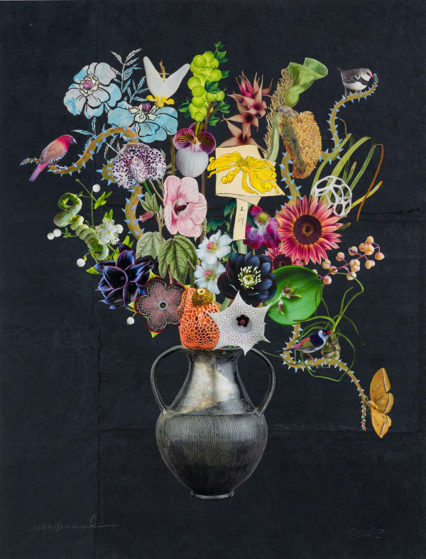 Etruscan Bucchero Amphora with Starfish Cactus, Diamond Firetail and Snake Gourd, 2023 Unique botanical collage using relief printing, digital printing, coloured pencil, Sumi ink, watercolour and gouache, hand cut and assembled on collaged Nepali papers over cotton rag. Signed in pencil. 127 x 96.5 cm (50 x 38 in)