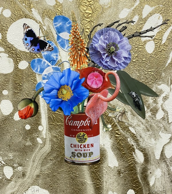 Campbell's Chicken with Rice with Himalayan Blue Poppy, Hot Lips and Anthurium, 2023 Unique botanical collage using digital printing, coloured pencil, Sumi ink, watercolour and gouache, hand cut and assembled on collaged Japanese marble paper over cotton rag. Initialed in pencil on front, signed verso. 40.6 x 36.8 cm (16 x 14.5 in)