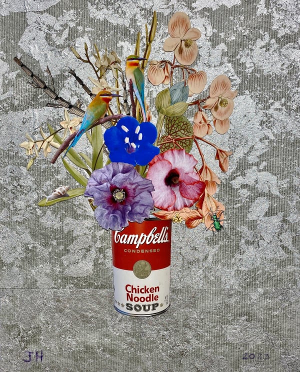 Campbell's Chicken Noodle with Begonia, Bee-Eaters and Six-Spotted Tiger Beetle, 2023 Unique botanical collage using digital printing, coloured pencil, Sumi ink, watercolour and gouache, hand cut and assembled on collaged Japanese papers with metal leaf over cotton rag. Initialed in pencil on front, signed verso. 45.1 x 36.8 cm (17.75 x 14.5 in)