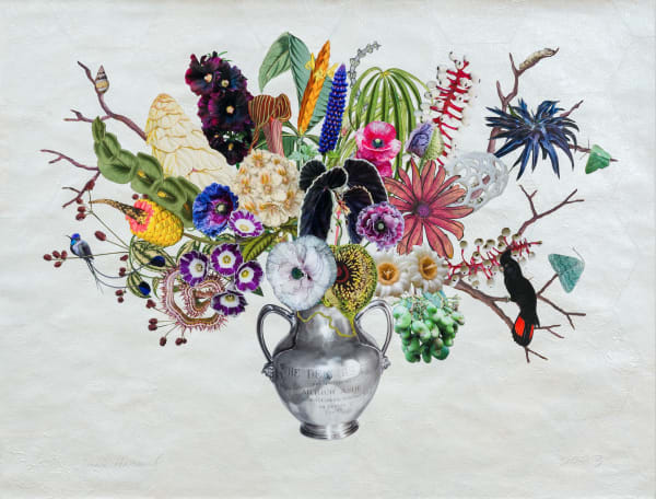 Arthur Ashe Tennis Trophy with Emerald Moths, Doll's Eyes and Marvelous Spatuletail Hummingbird, 2023 Unique botanical collage using relief printing, digital printing, coloured pencil, Sumi ink, watercolour and gouache, hand cut and assembled on collaged Japanese papers over painted cotton rag. Signed in pencil. 96.5 x 127 cm (38 x 50 in)