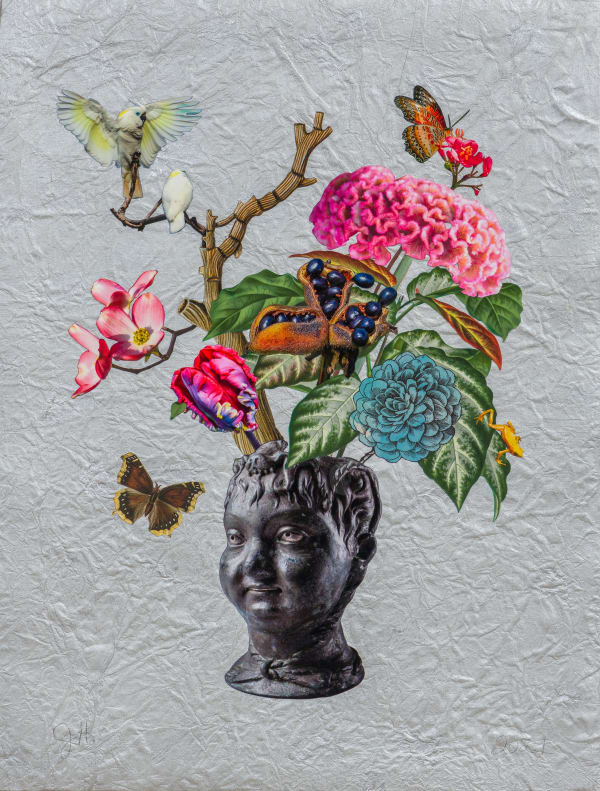 Roman Head with Peony Pod, Celosia and Blue-Eyed Cockatoo, 2021 Unique botanical collage with relief printing, digital printing, coloured pencil, Sumi ink, watercolour and gouache, hand cut and assembled on painted Nepali paper collaged over cotton rag. Initialed in pencil on front, signed verso. 68.6 x 52.1 cm (27 x 20.5 in)