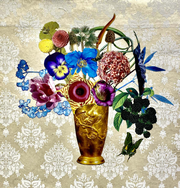 Pre-Columbian Parrot Cup with Blackberries, Dahlias and Morels, 2023 Unique botanical collage using digital printing, coloured pencil, Sumi ink, watercolour and gouache, hand cut and assembled on collaged Nepali papers over cotton rag. Signed in pencil. 55.9 x 54.6 cm (22 x 21.5 in)