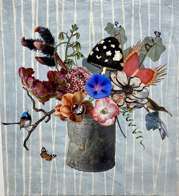 Russian Bucket with Black Pussy Willow, Venus Fly Trap and Morning Glory, 2023 Unique botanical collage using linocut, relief printing, digital printing, coloured pencil, Sumi ink, watercolour and gouache, hand cut and assembled on collaged Japanese papers over cotton rag. Signed in pencil. 59.7 x 55.2 cm (23.5 x 21.75 in)