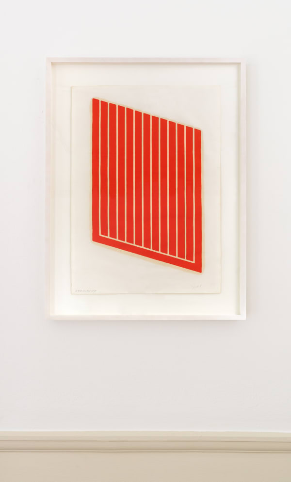 Donald Judd Untitled, 1961-69 Woodcut printed in cadmium red. Signed in pencil and inscribed 2-R# 3/12 RES. From the edition of 12. Printed on cartridge paper by the artist and his father, Roy Judd. Published by the artist. (Schellmann 39) 77.8 x 55.9 cm (30 5/8 x 22 1/8 in)