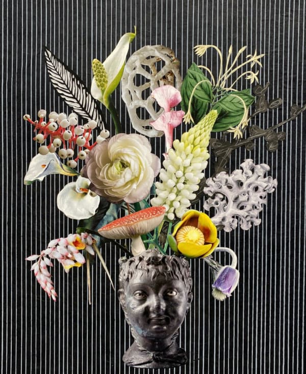 Roman Head with Lupine, Barbie Pagoda and Calla Lily, 2021 Unique botanical collage using digital printing, coloured pencil, Sumi ink, watercolour and gouache, hand cut and assembled on collaged Japanese papers over cotton rag. Initialed in pencil on front, signed verso. 54.6 x 45.1 cm (21.5 x 17.75 in)