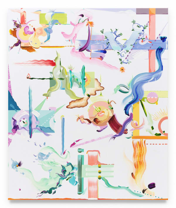 FIONA RAE Of elements and an angelic sprite, 2024 Oil and acrylic on linen 60 x 50 inches 152.4 x 127 cm (MMG#37132)