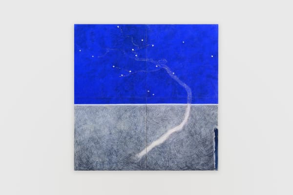 Blue and gray square painting with an image of a cherry tree with white pedals
