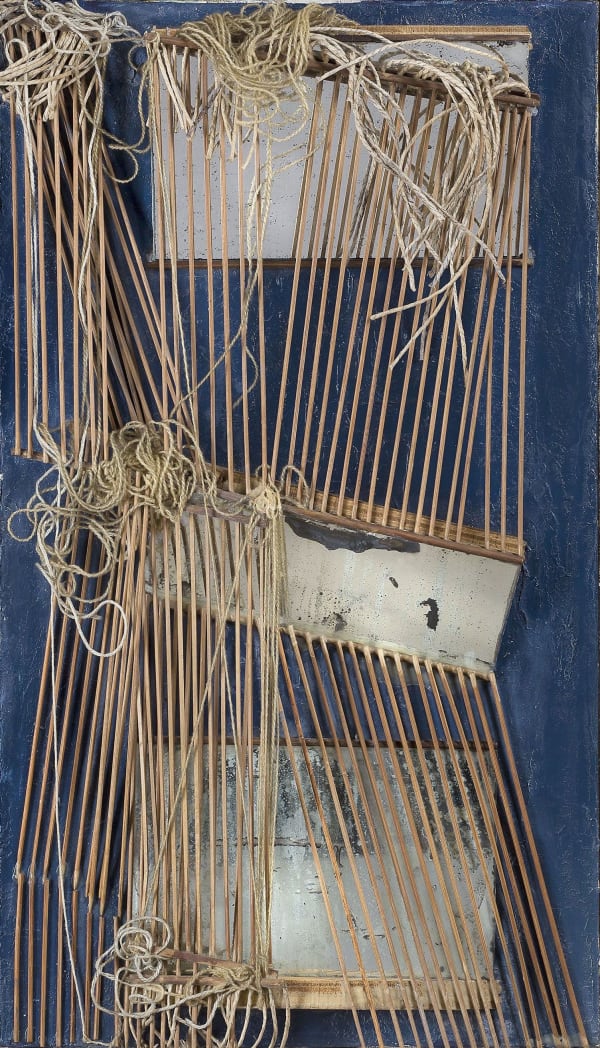 Maria Lai Loom (Detail), 1967 Acrylic, wood, mirrors and string on canvas 28 3/8 x 16 5/8 x 4 inches 72 x 42 x 10 cm