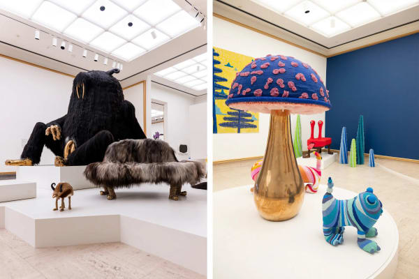 Left: at the Cranbrook Art Museum in Bloomfield Hills, Mich., the Haas Brothers’ regal “King Dong” (2016) presides over selections from their “Beasts” series. Right: the mushroom “Mary Tyler Spore” (2015). Courtesy of the Cranbrook Art Museum. Photos: Sarah C. Blanchette
