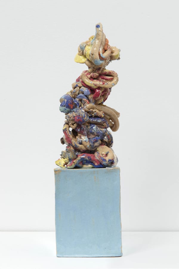 Ghada Amer Thought #6 with a Blue Base and Clown, 2017 (detail) Glazed ceramic 10 1/2 x 2 2/3 x 2 2/3 inches 26.7 x 6.7 x 6.7 cm